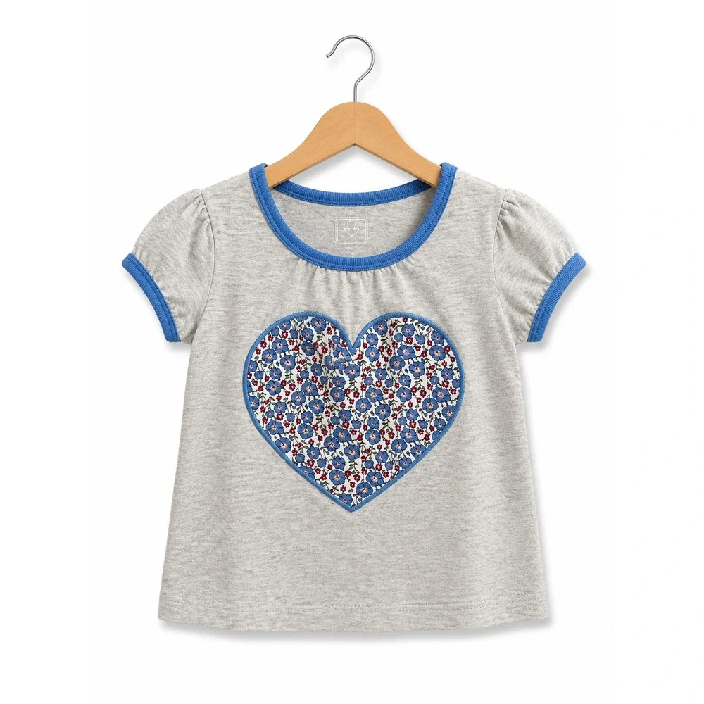 Old Navy Girls Top Sz 3-6 Mo Gray Blue Heart Floral Print‎ Applique Short Sleeve